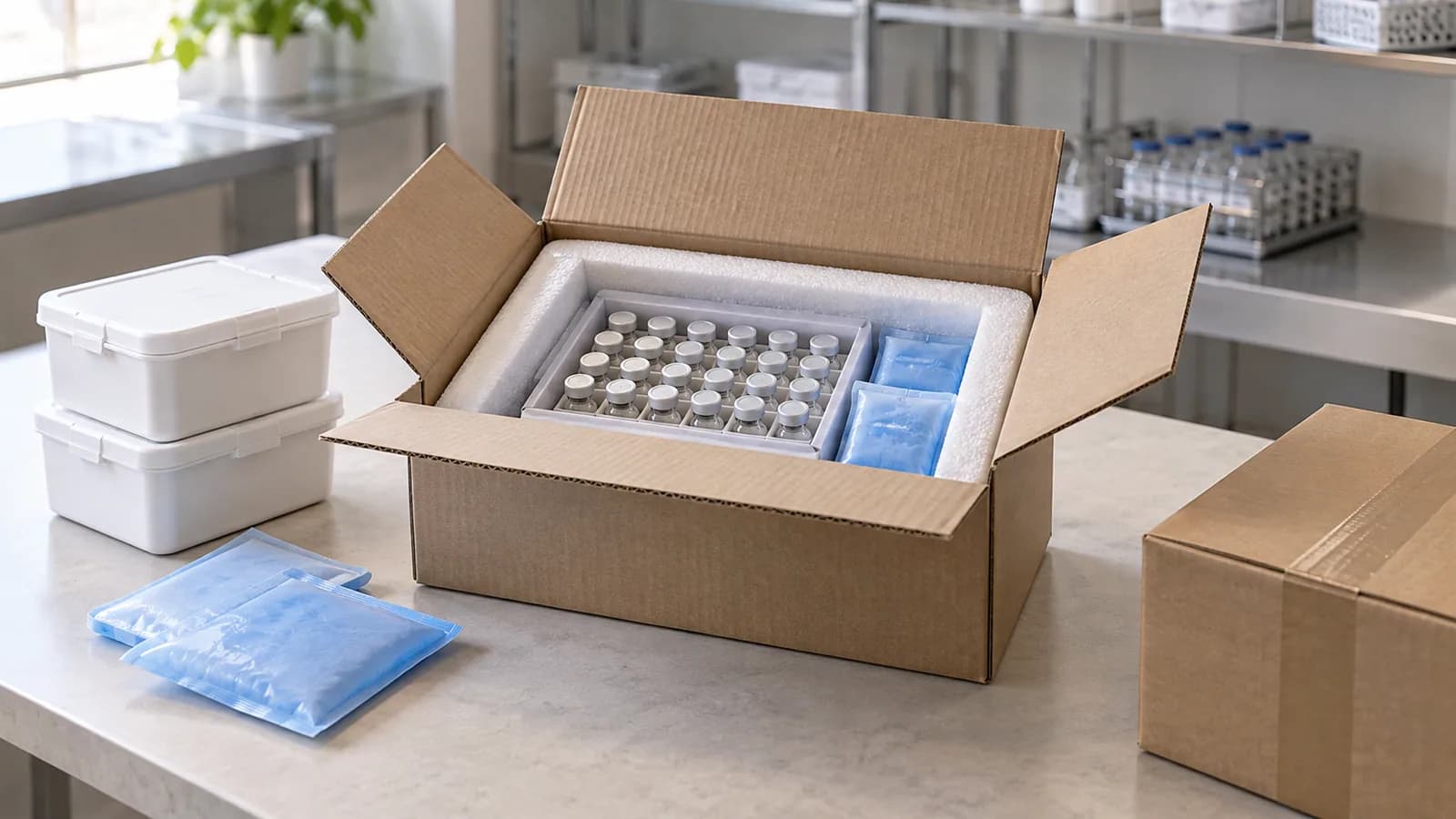 Geïsoleerde transportdoos met afgesloten laboratoriumbuisjes en koelelementen.